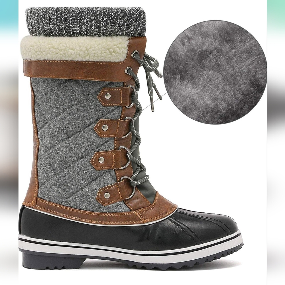 DREAM PAIRS Women Mid-Calf Waterproof Winter Snow Boots Black Grey New‎ Faux Fur
